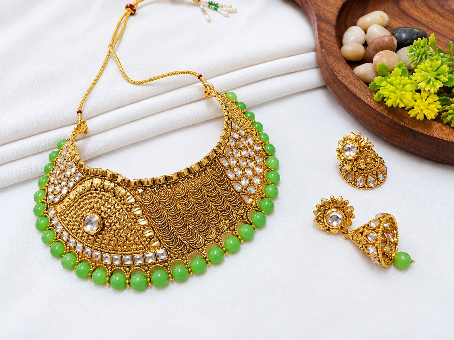 Ethnic Designer Brass High Gold Choker Set with Traditional Jhumkis for Women