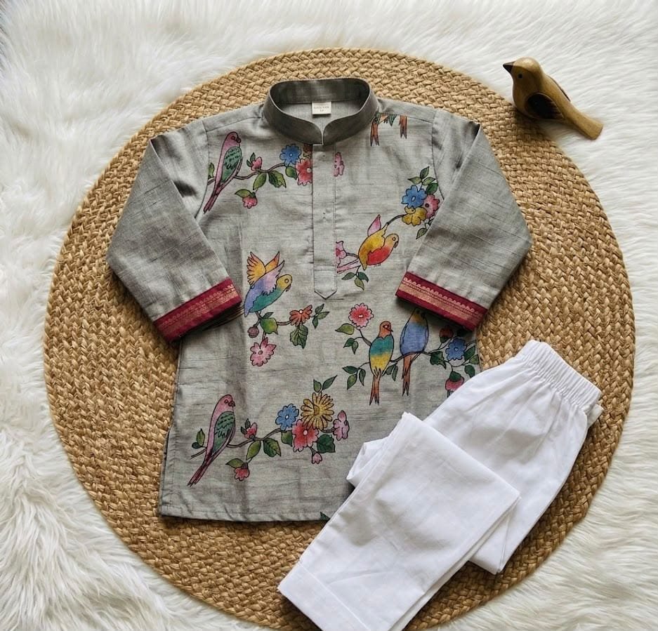 Grey Bird and Floral Print Cotton Kurta with White Pajama Set for Boys