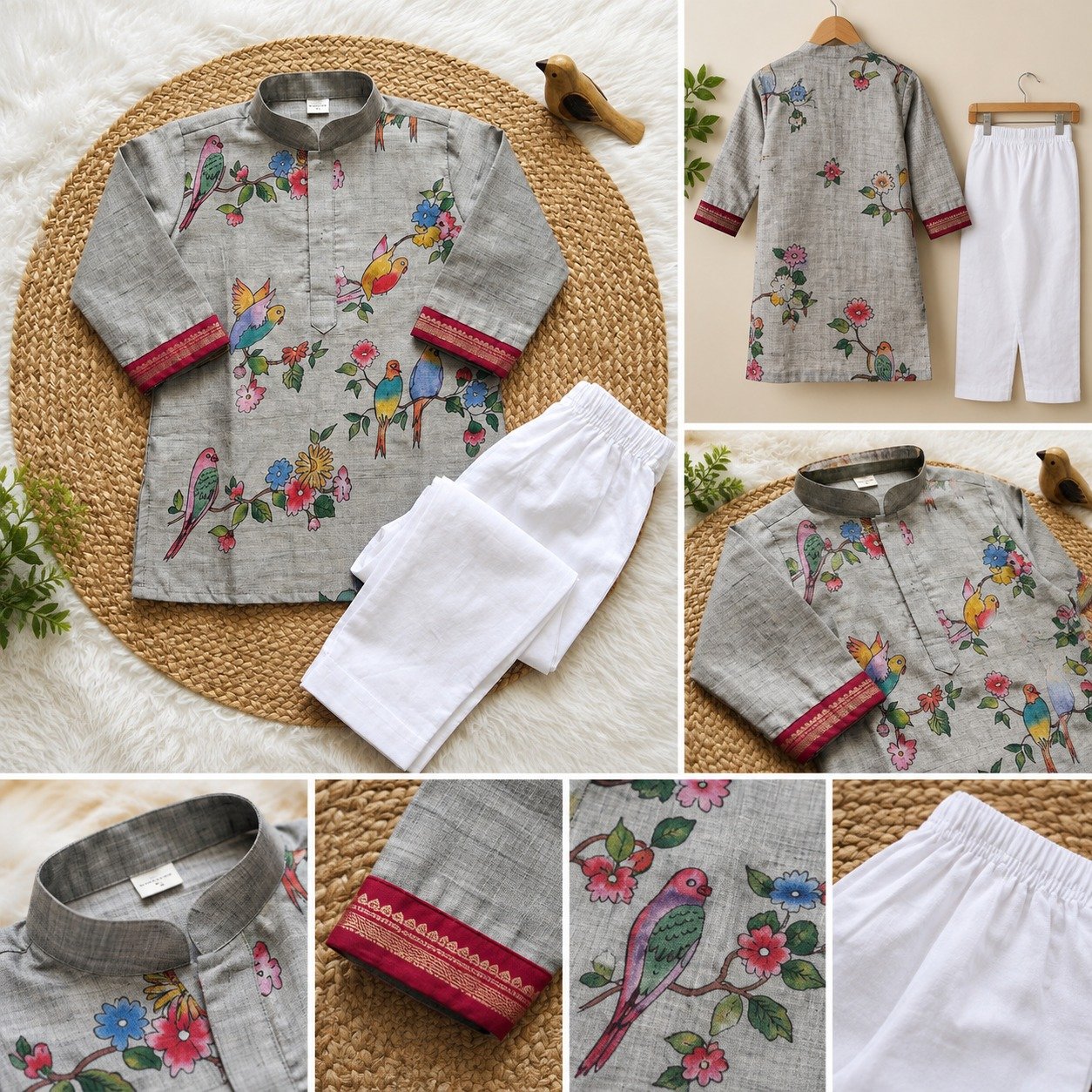 Grey Bird and Floral Print Cotton Kurta with White Pajama Set for Boys