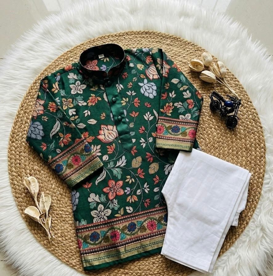 Kids Elegant Dark Green Floral Printed Kurta with White Pajama Set