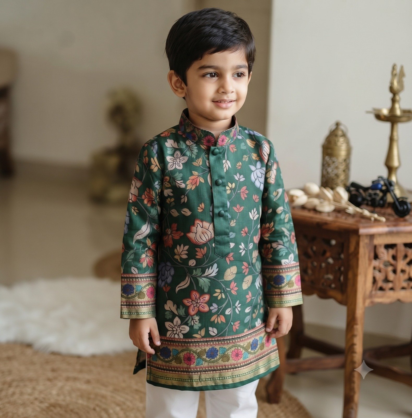 Kids Elegant Dark Green Floral Printed Kurta with White Pajama Set