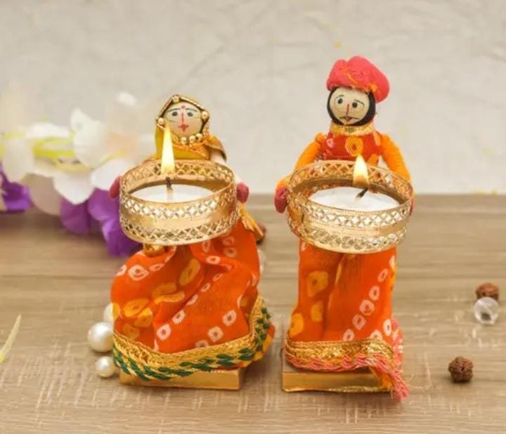 Handcrafted Rajasthani Doll Couple Tealight Candle Holder Set for Diwali Decor