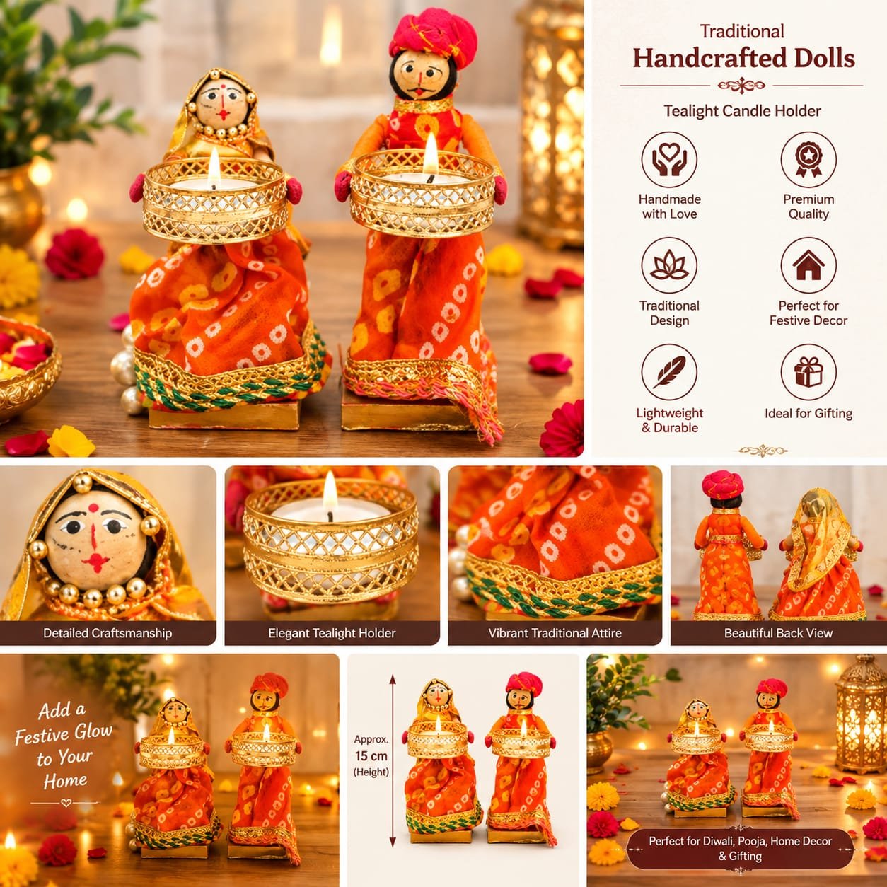 Handcrafted Rajasthani Doll Couple Tealight Candle Holder Set for Diwali Decor