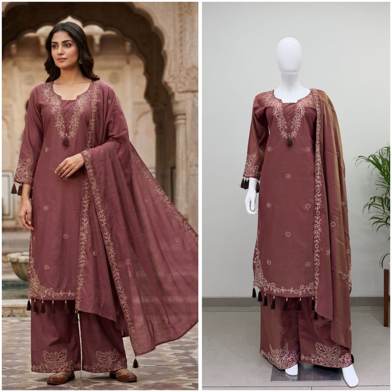 Designer Mirror Embroidered Leo Denting Kurti With Plazzo And Dupatta Set