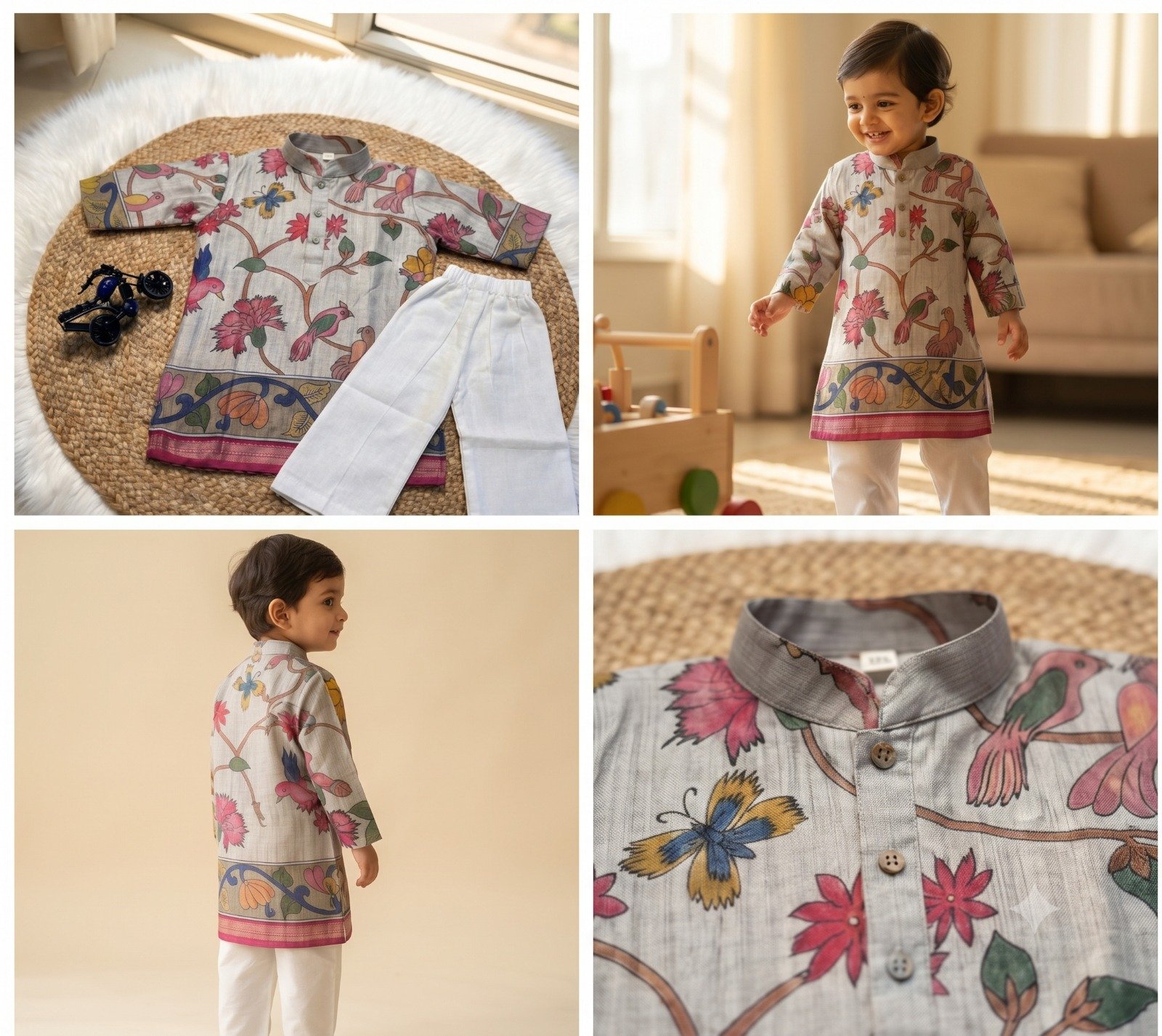 Kids Floral Printed Kurta Pajama Set – Stylish Ethnic Wear for Boys