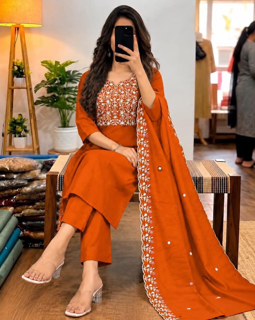 Doli 3-Piece Vertical Cotton Embroidered Kurti with Chanderi Dupatta Set