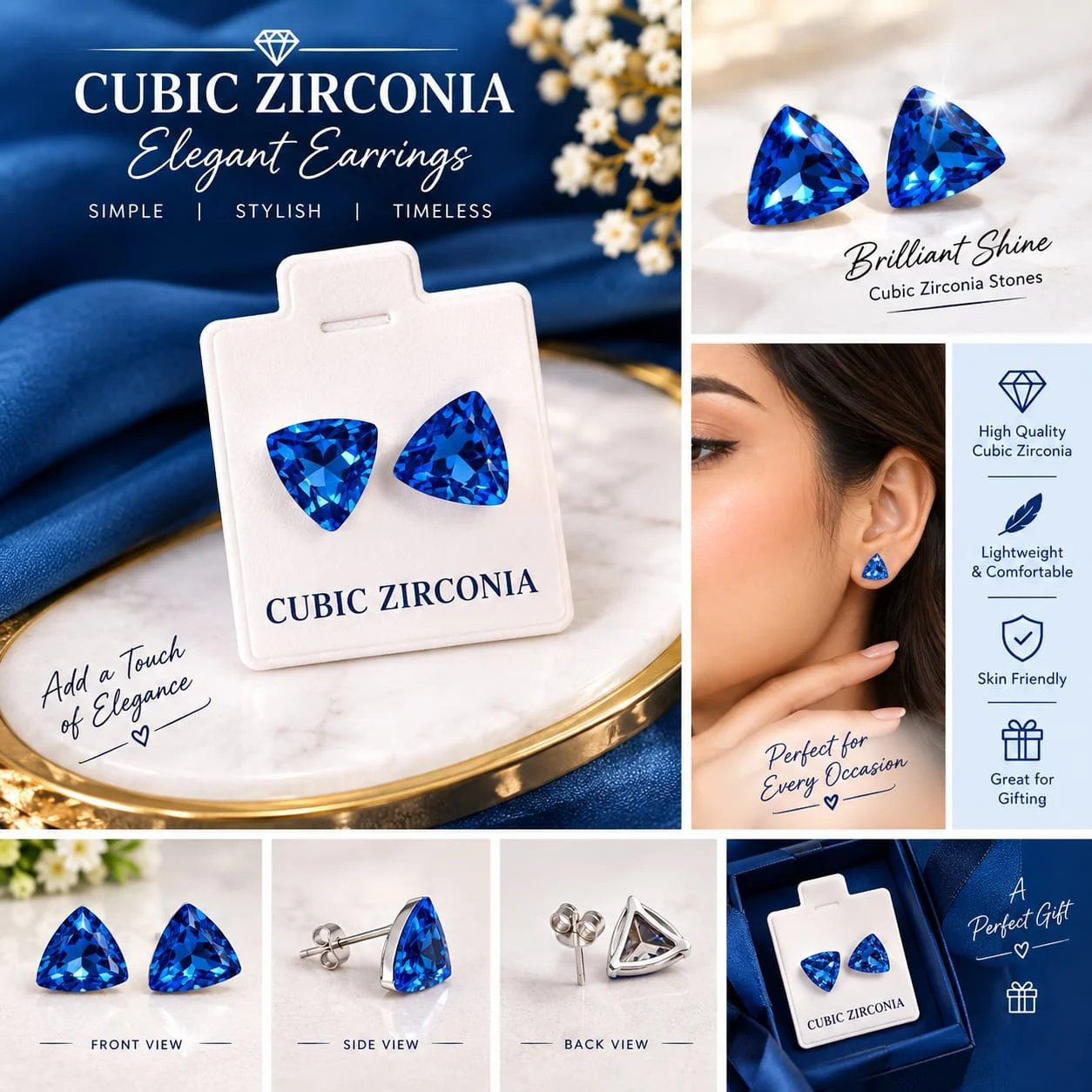 Blue Teardrop Cubic Zirconia Stud Earrings for Women
