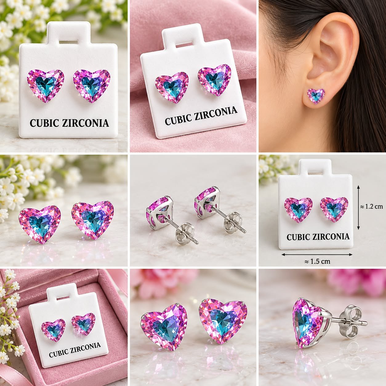Heart-Shaped Pink & Blue Cubic Zirconia Stud Earrings for Women