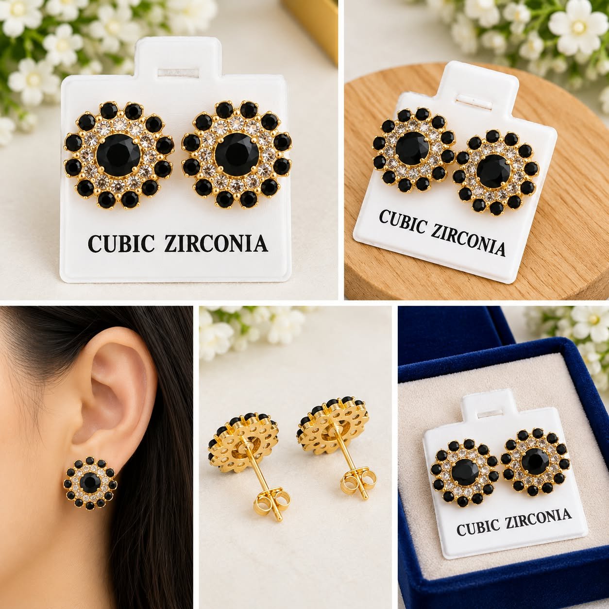 Black Cubic Zirconia Floral Stud Earrings for Women