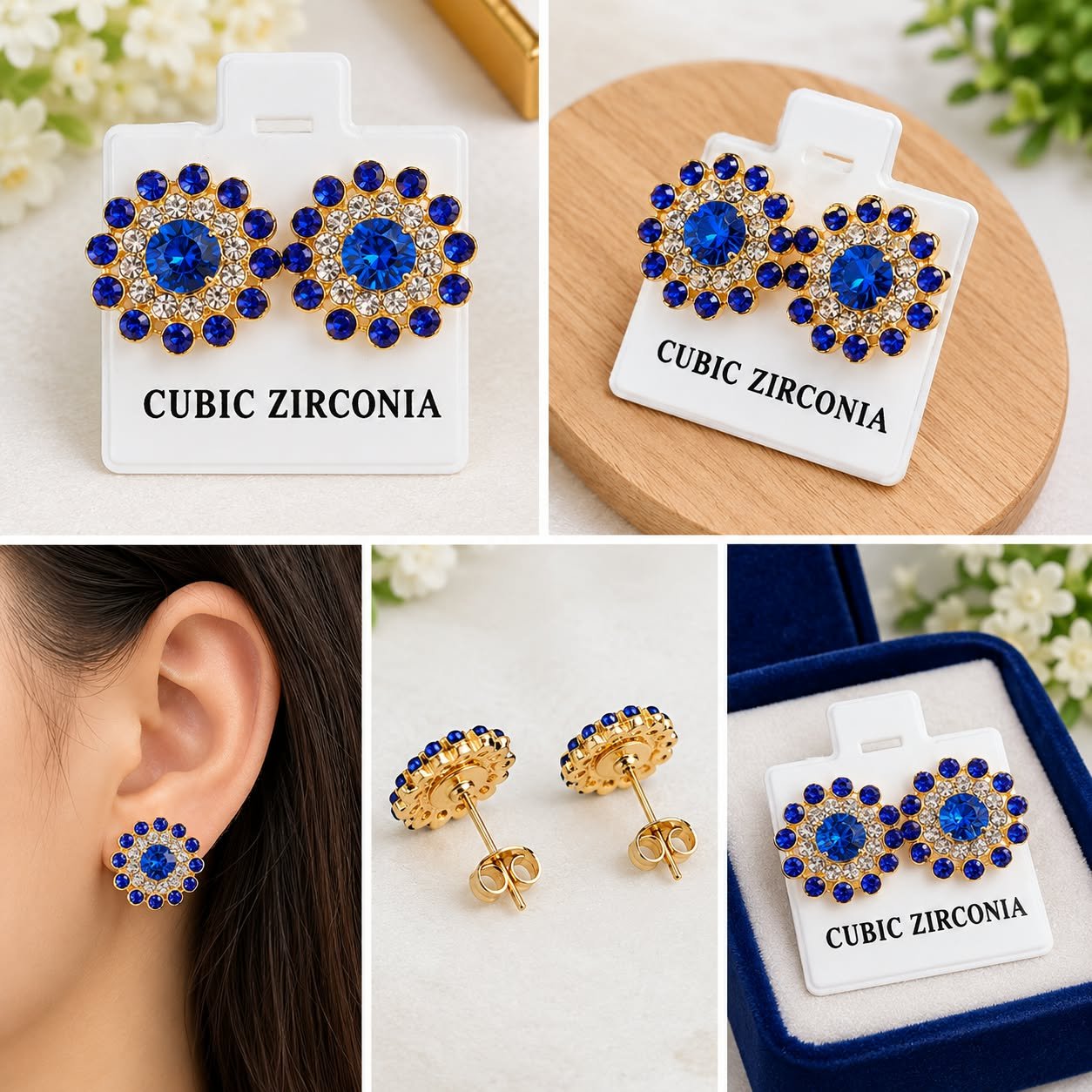 Black Cubic Zirconia Floral Stud Earrings for Women