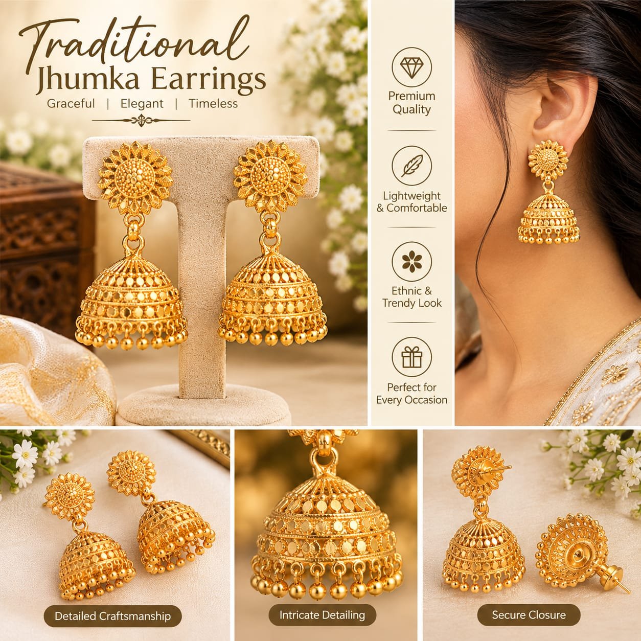 Traditional Gold-Plated Jhumka Earrings for Women
