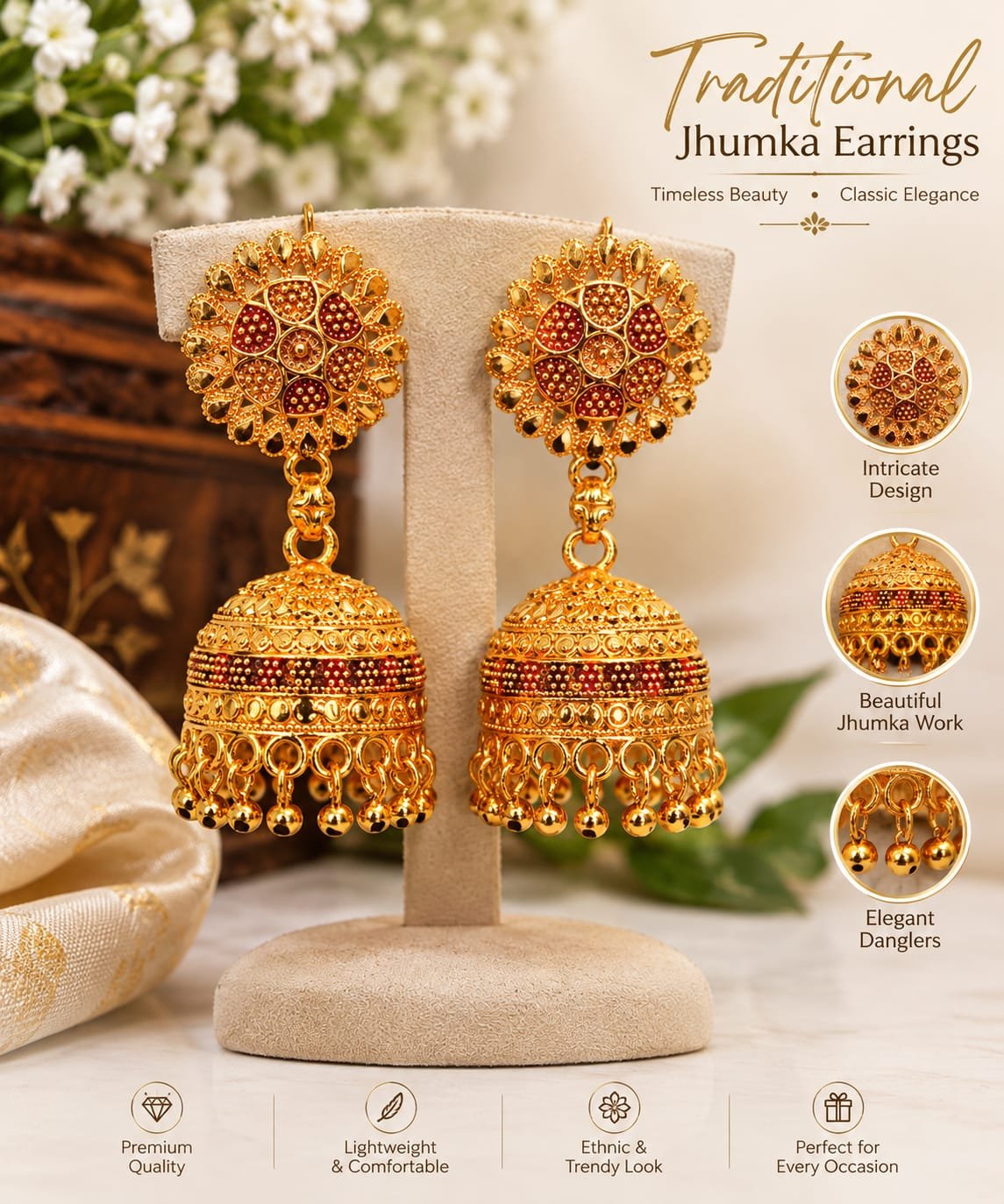 Traditional Gold-Plated Red Meenakari Jhumka Earrings