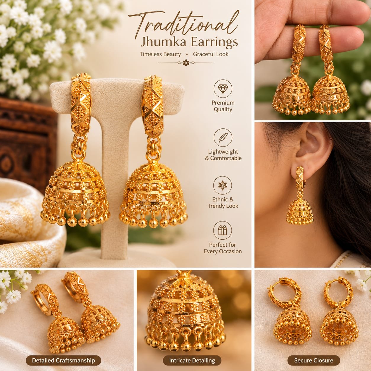 Gold-Plated Traditional Dome Jhumka Earrings for Women