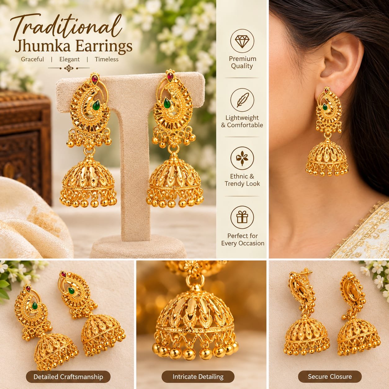 Traditional Gold Plated Jhumka Earrings for Women with Green & Red Stone