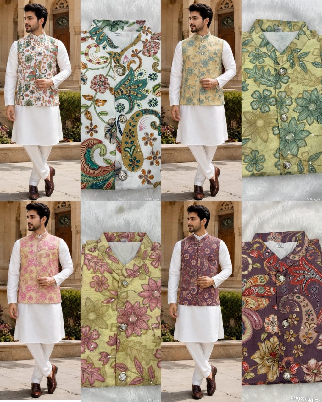 Men’s Traditional Koti with Kurta & Pant Set – Malai Satin Kurta Pant with Sequins Work Natural Crepe Koti